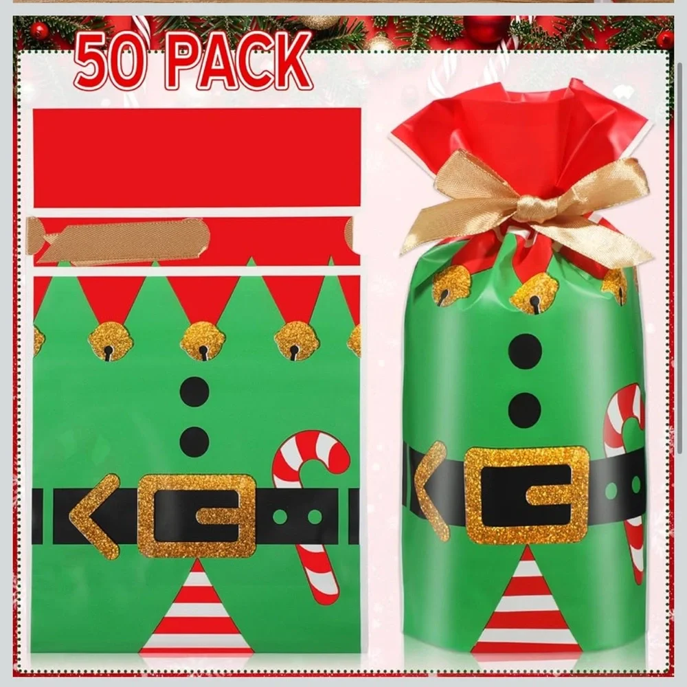50 Festive Elf Party Favor Bags - Green and Red